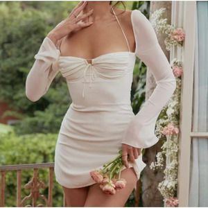 HOUSE OF CB Babydoll Ivory Chiffon Bustier Halter Mini Dress {V13}